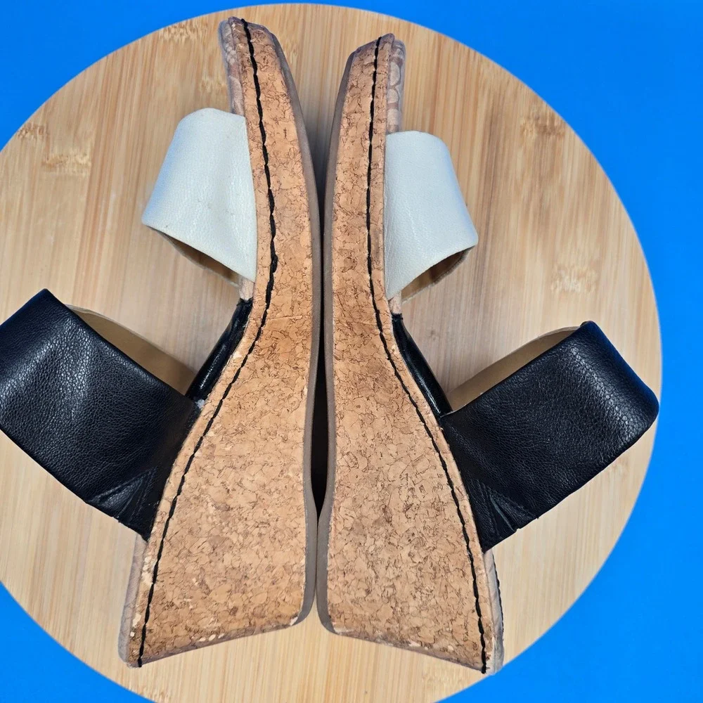 B.O.C. Born Concept Leather Wedge Sandals Black Cream‎ Cork Size 9 C57011